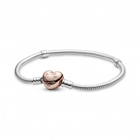 Bracelet Maille Serpent Fermoir CØur Rose Couleur ARGENT et ROSE PANDORA MOMENTS Taille 23