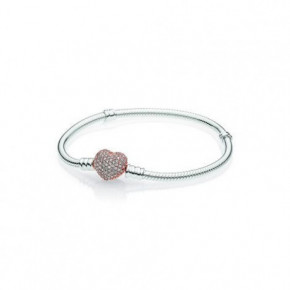 Bracelet Maille Serpent Fermoir CØur Rose Scintillant Couleur ARGENT et ROSE PANDORA MOMENTS Taille 18