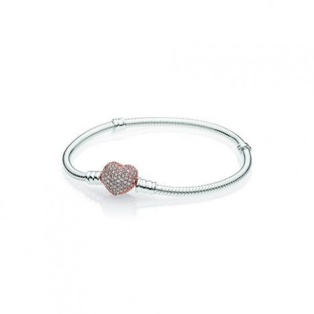 Bracelet Maille Serpent Fermoir CØur Rose Scintillant Couleur ARGENT et ROSE PANDORA MOMENTS Taille 18