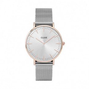 Montre Femme La Bohème Argentée et Boitier Rosé Bracelet Milanais Fond Gris Cluse