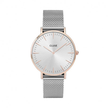 Montre Femme La Bohème Argentée et Boitier Rosé Bracelet Milanais Fond Gris Cluse