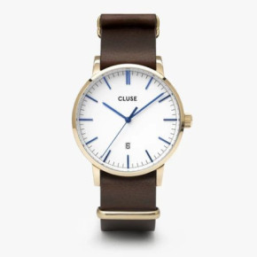 Montre Homme Aravis Dorée Cuir Marron Fond Blanc Cluse