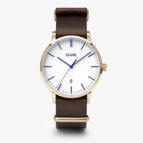 Montre Homme Aravis Dorée Cuir Marron Fond Blanc Cluse